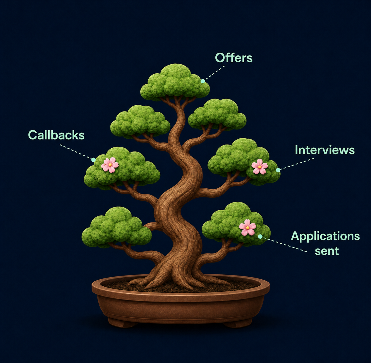 Illustration of a bonsai tree growing as applications are logged