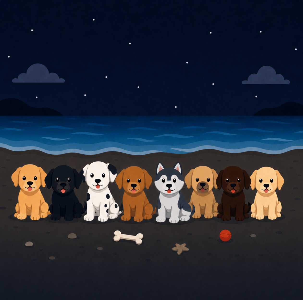 Illustration of puppies playing in a room, earned through progress